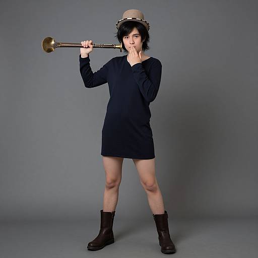 Photograph of an Asian person with short black hair, wearing a beige hat, black long-sleeve dress, and brown boots, holding a brass