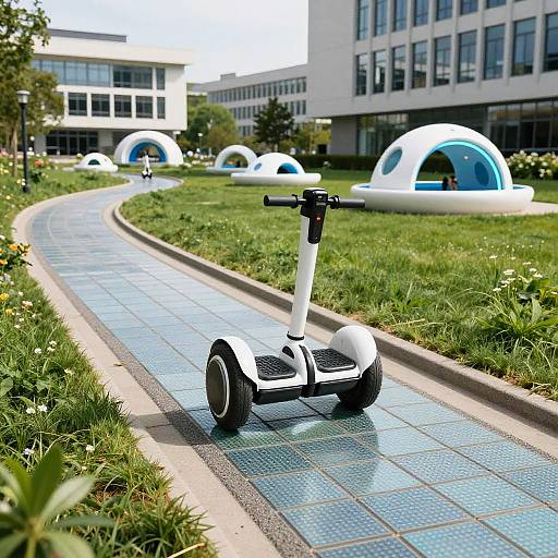 Photograph of a sleek white hoverboard on a blue-tiled pathway in a modern, grassy courtyard with white dome-shaped structures and contemporary buildings in