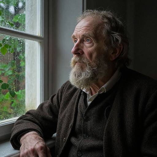 Photograph of an elderly man with a white beard and gray hair, wearing a dark brown sweater, gazing thoughtfully out a rain-speckled