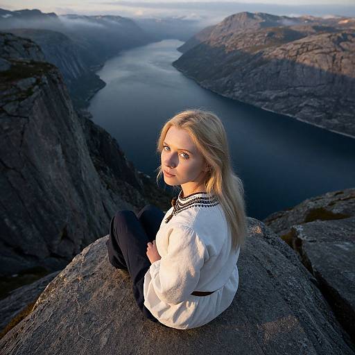 Blonde woman with fair skin sits on rocky cliff, overlooking a serene, mountainous lake at sunset, wearing a white blouse and black pants. Photograph