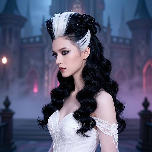 Digital art of a fair-skinned, dark-haired woman with white streaked hair, wearing a white off-shoulder lace dress, set against a