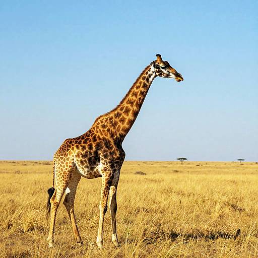 Photograph of a solitary giraffe with a long neck and distinctive brown spots, standing in a golden grassy savanna under a clear blue sky.