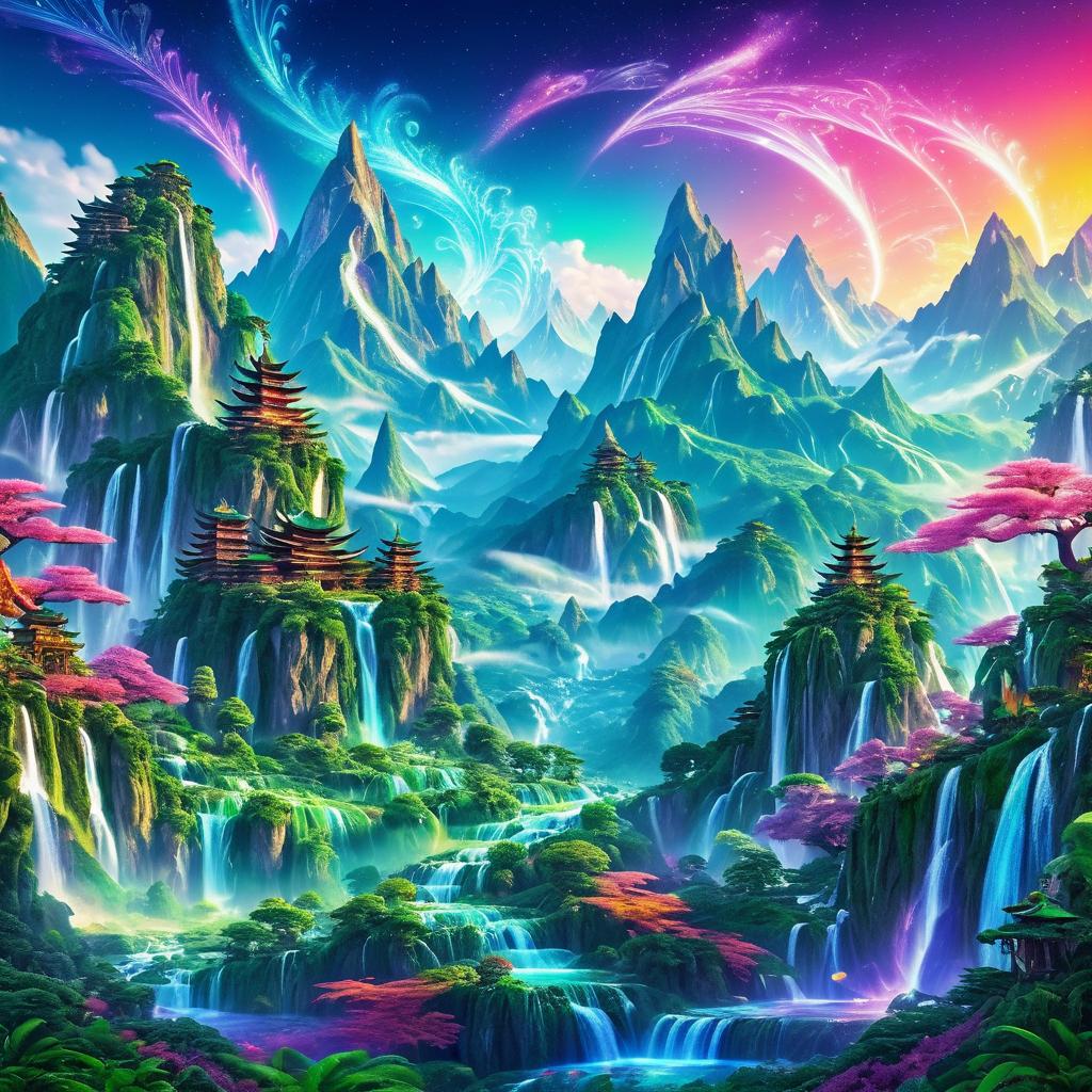 Majestic Mythical Mountain Landscape with Dragons