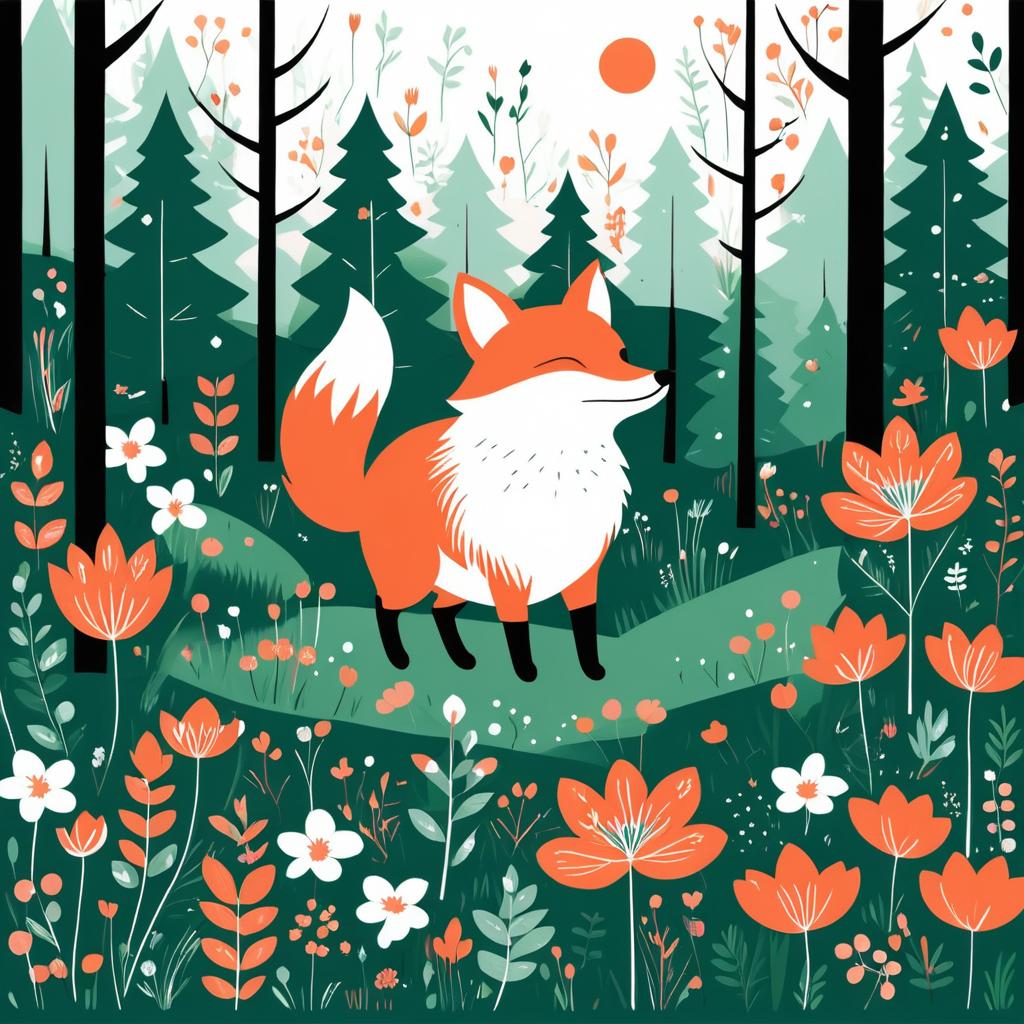 Playful Fox in Minimalist Forest Art