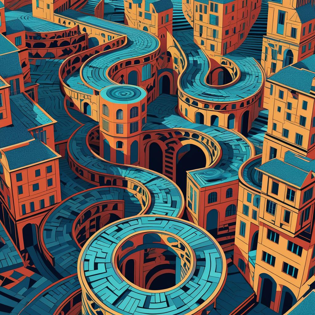 Twisting Pathways in Escher-Inspired Cityscape