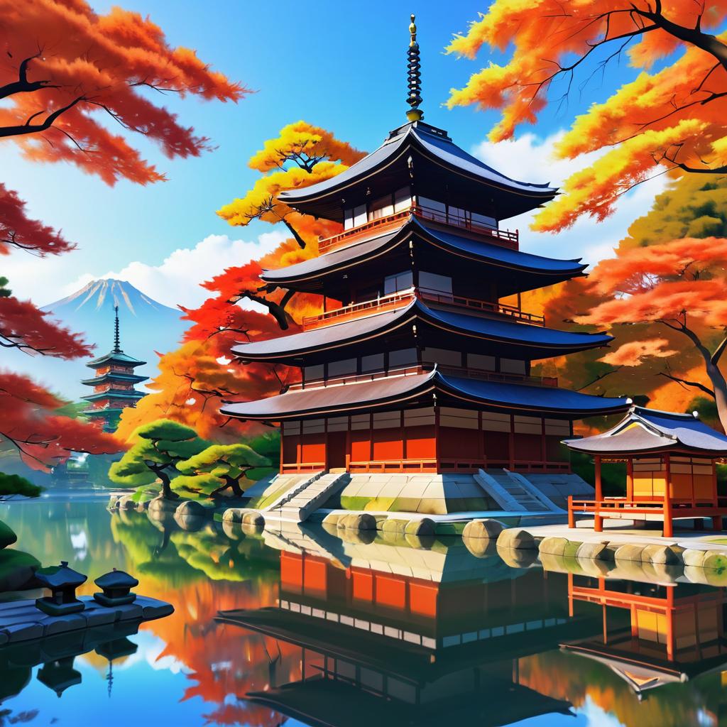 Vibrant Autumn Scene with Japanese Temple