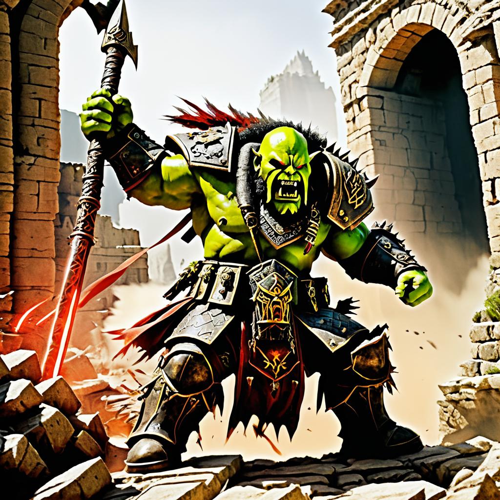 Ork Warlord Charging in Ancient Ruins