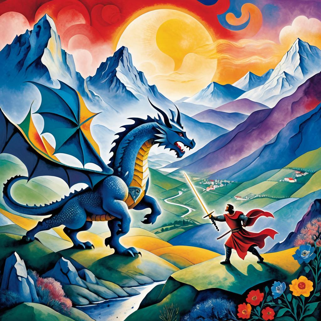 Chagall-Inspired Knight vs Dragon Scene