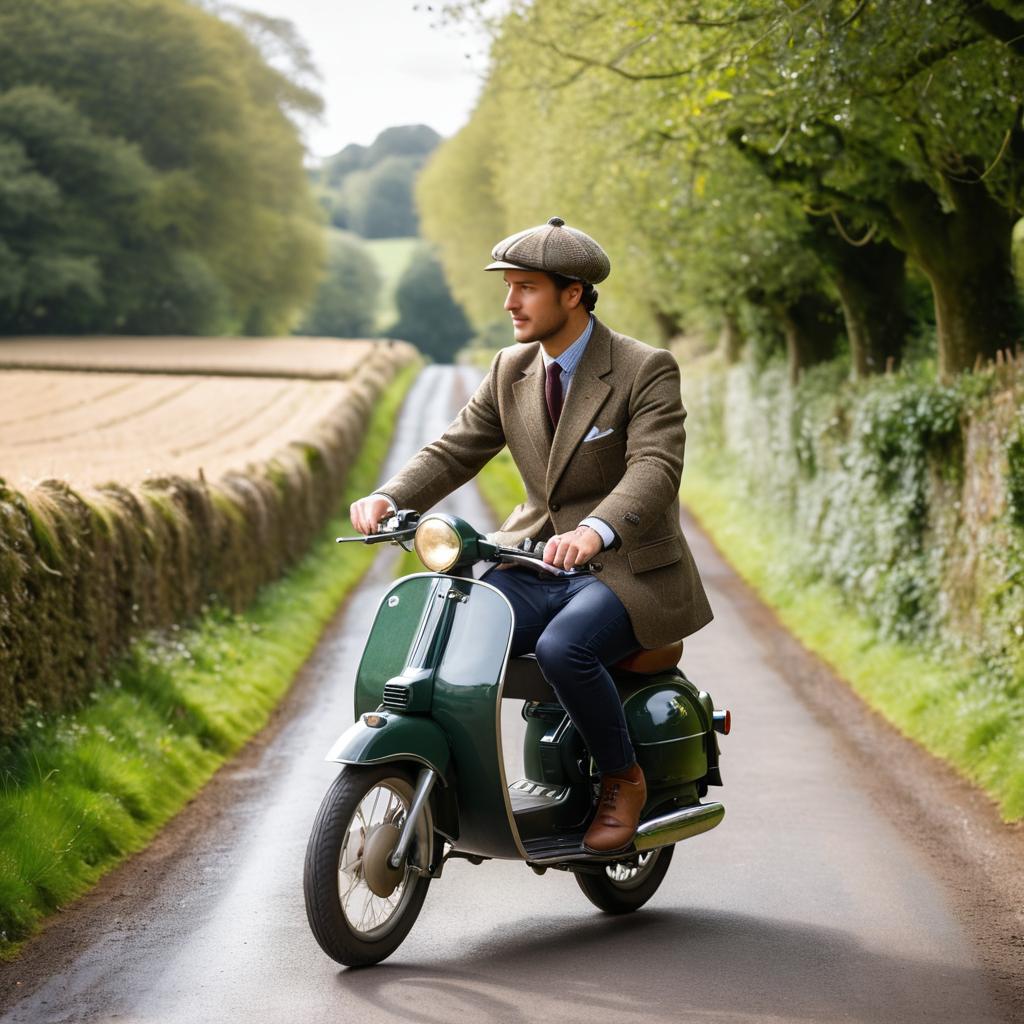 Charming Moped Ride in Tweed Fashion