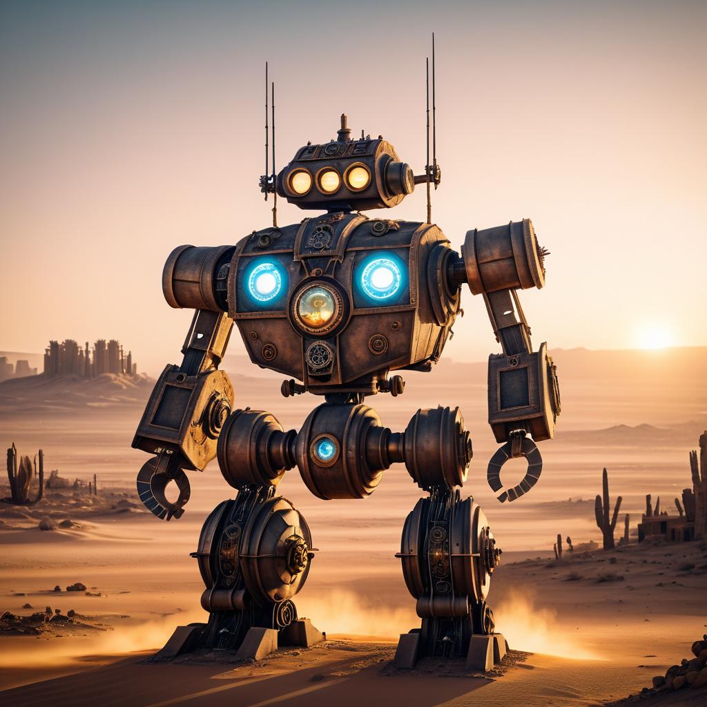 Giant Steampunk Robot in Post-Apocalyptic Desert