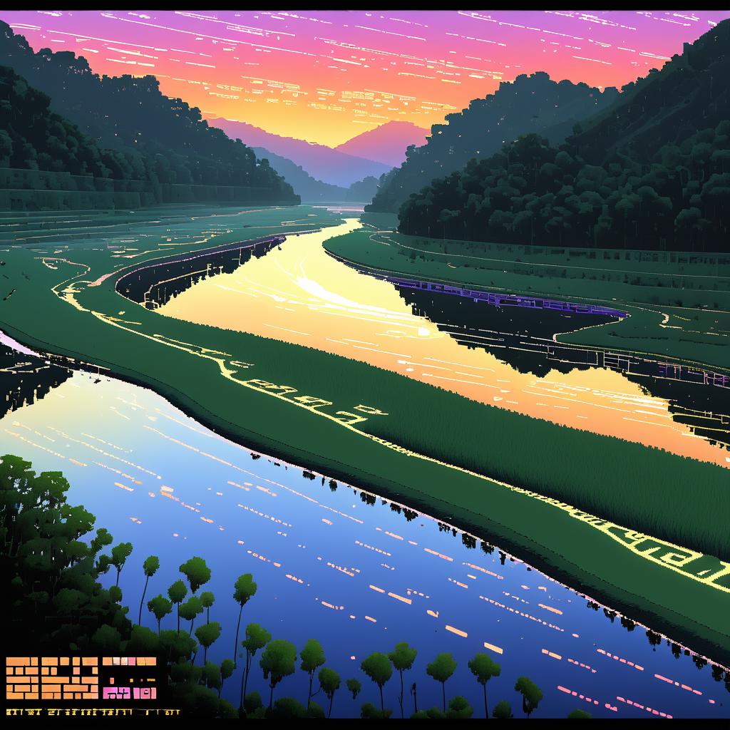 Lush Sunset Riverbend in ASCII Art