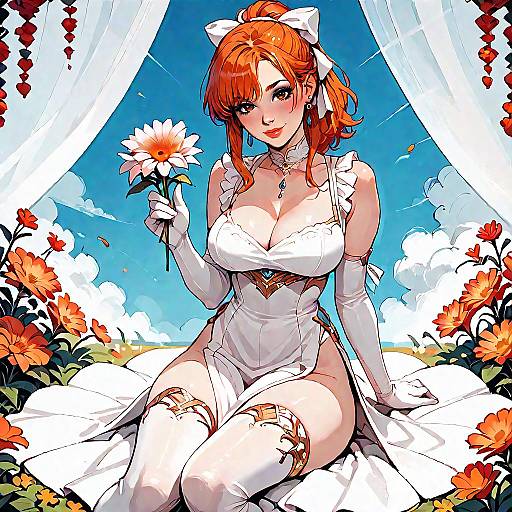 Anime Girl in White Dress Holding Flower