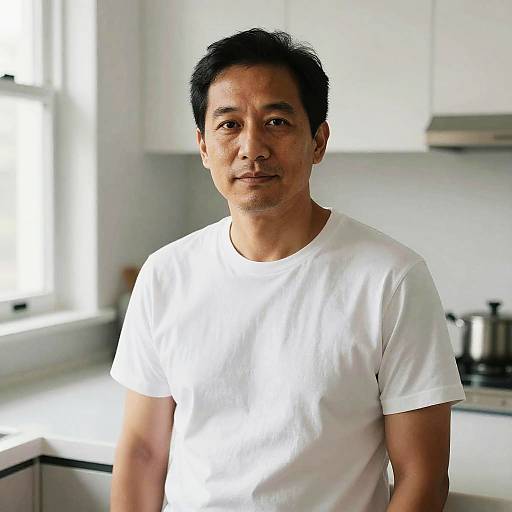 Photograph of an Asian man with short black hair, wearing a plain white t-shirt, standing in a bright, modern kitchen.