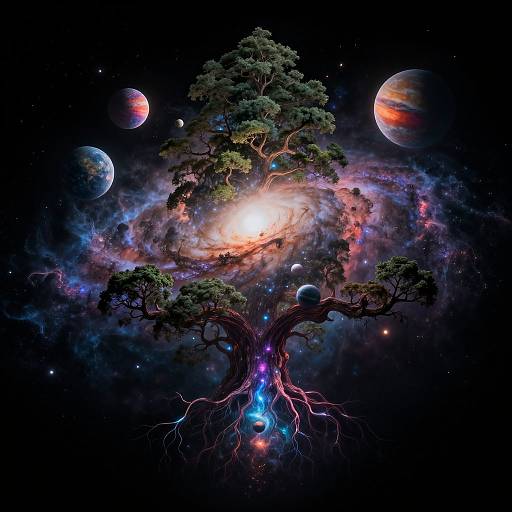 Digital artwork of a majestic tree with glowing roots and branches, surrounded by vibrant planets and a colorful nebula in space.