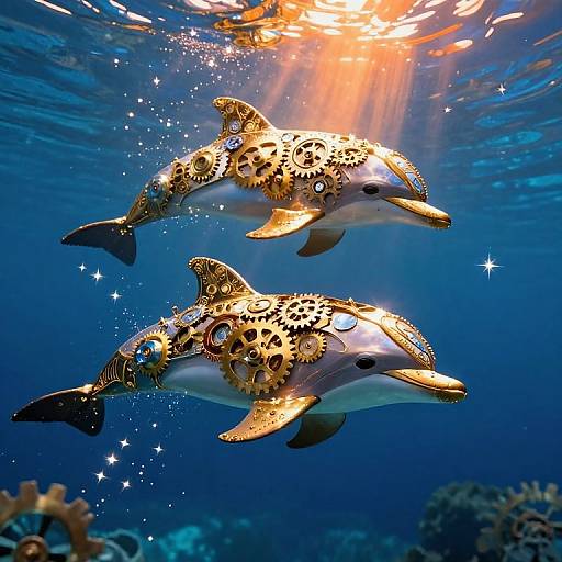 Photograph of two underwater dolphins adorned with intricate gold gear patterns, swimming in a deep blue ocean with sunlight filtering through the water, surrounded by sparkling bubbles