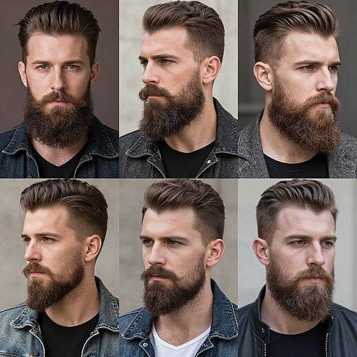 Photograph of a Caucasian man with a full beard and styled brown hair, shown in six different profiles, wearing a denim jacket over a black shirt.