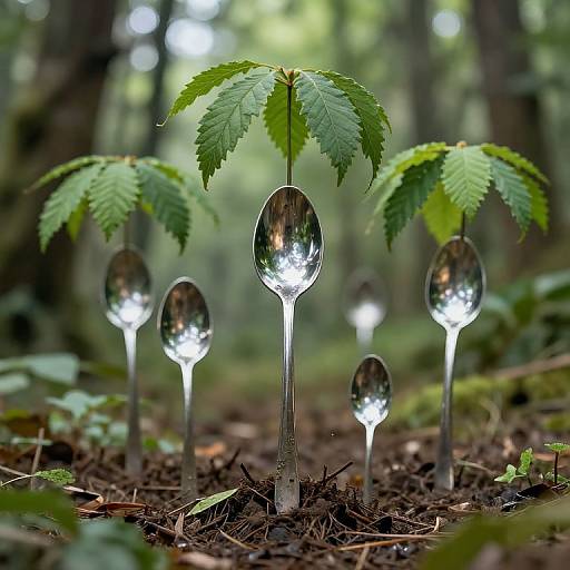 Photograph of five clear, reflective spoon-like plants with green leaves in a forest, standing on soil with blurred trees in the background.