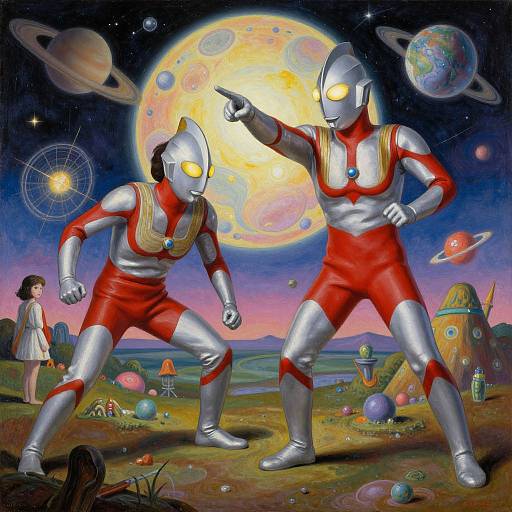 Digital painting of two silver, helmeted, red and white-suited humanoid figures in a colorful, surreal space landscape pointing at a glowing full moon,