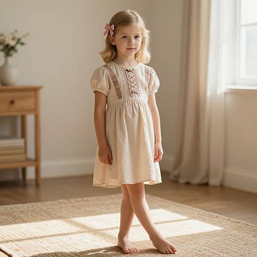 Vintage Charm: Blonde Girl in Beige Dress