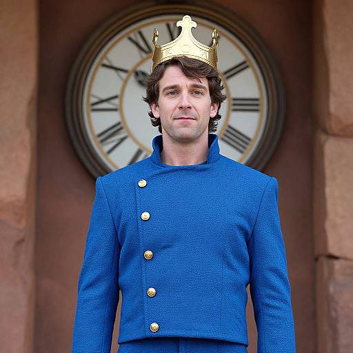 Photograph of a man with wavy brown hair wearing a blue military-style jacket and a gold crown, standing in front of a large, antique clock