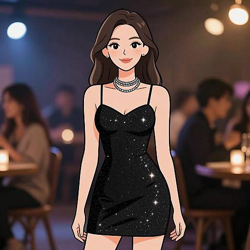 Digital illustration of a smiling woman with long brown hair, wearing a sparkly black spaghetti-strap dress, standing in a dimly lit restaurant with blurred
