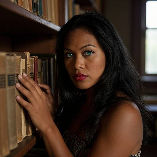 Photograph of a beautiful, dark-haired South Asian woman with green eyes and red lipstick, leaning against a bookshelf in a dimly lit library.