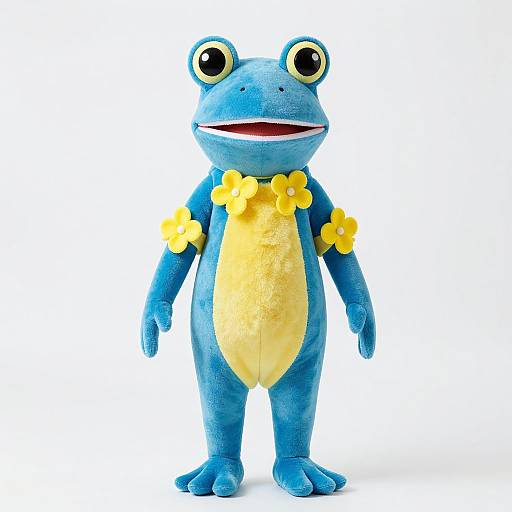 Photograph of a blue, plush frog costume with yellow flowers on the chest, yellow belly, and large black eyes, standing against a white background.