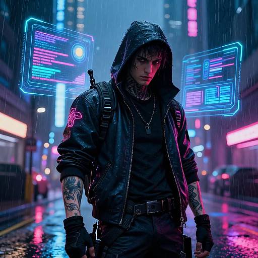 Cyberpunk Hacker in Neon Cityscape