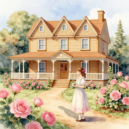 Digital illustration of a quaint Victorian house with a white porch, surrounded by pink roses, and a girl in a white dress standing on the path.