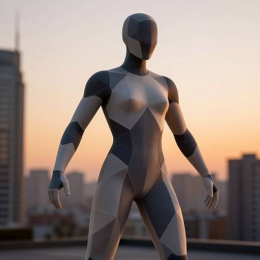 Photograph of a faceless, black-and-white, geometrically patterned, humanoid figure silhouetted against a sunset urban skyline. The figure