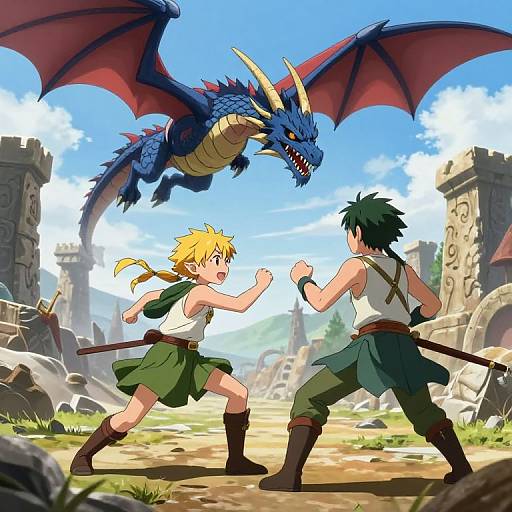 Anime-style drawing of two young adventurers, one blond and one black-haired, fighting a blue dragon with red wings in a ruined castle courtyard.