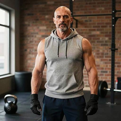 Photograph of a muscular, bald, middle-aged man with a beard, wearing a grey sleeveless hoodie, black gloves, and black pants, standing