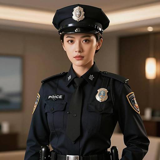 Confident Woman in Glossy Police Uniform