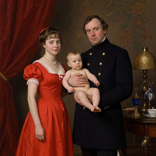 Victorian-era photograph of a fair-skinned couple in red and black formal attire, holding a nude, chubby infant with curly hair. Dark wallpaper and