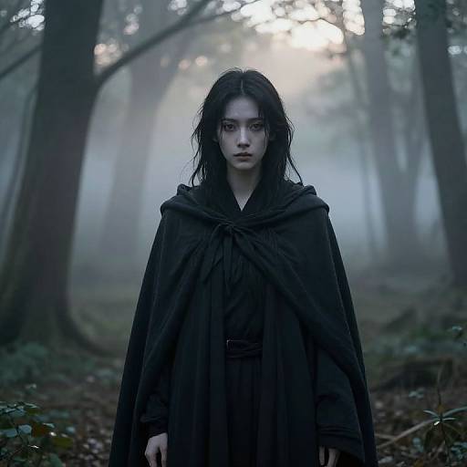 Photograph-style digital artwork of a pale, dark-haired woman with intense expression, wearing a black cloak in a foggy, mystical forest.