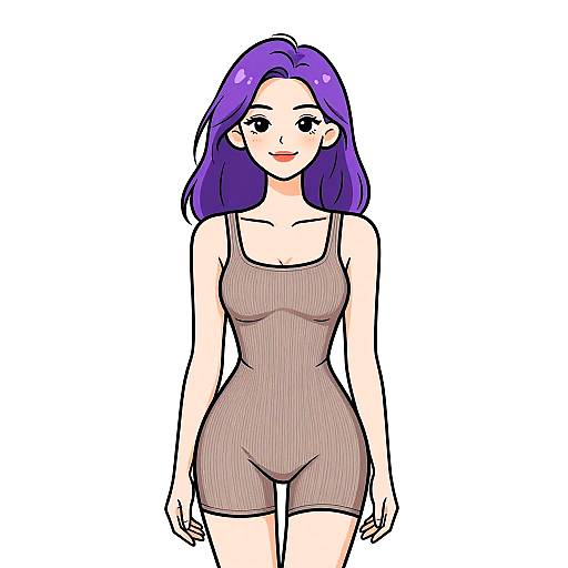 Digital anime-style drawing of a smiling woman with purple hair, wearing a sheer brown one-piece outfit, white background.