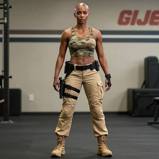 Photograph of a fit, bald Black woman in camouflage sports bra, tan cargo pants, black gloves, and boots, standing in a gym with 