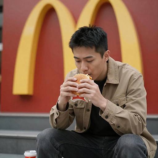 Asian Man Enjoying Burger on Stairs