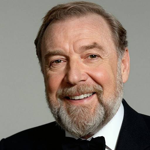 Photograph of a smiling, middle-aged man with gray hair and beard, wearing a black suit and white shirt, against a plain gray background.