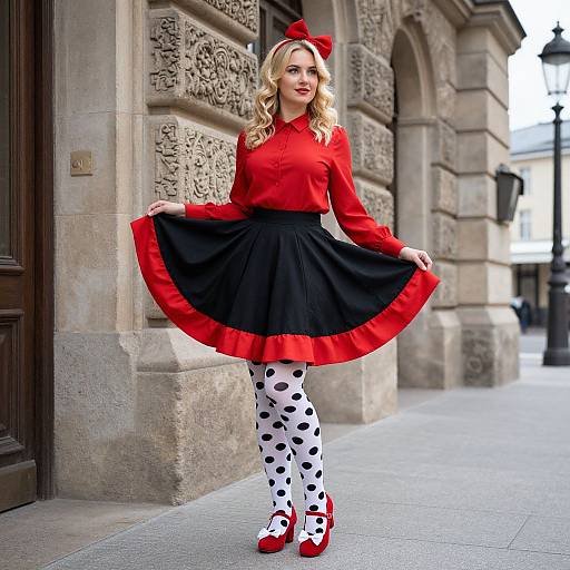Blonde woman in red shirt, black skirt with red trim, white polka dot tights, red shoes, and red bow, stands outdoors by