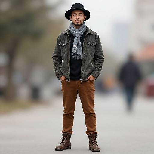 Photograph of a bearded man in a black hat, gray scarf, dark jacket, brown pants, and brown boots standing on a blurred city street