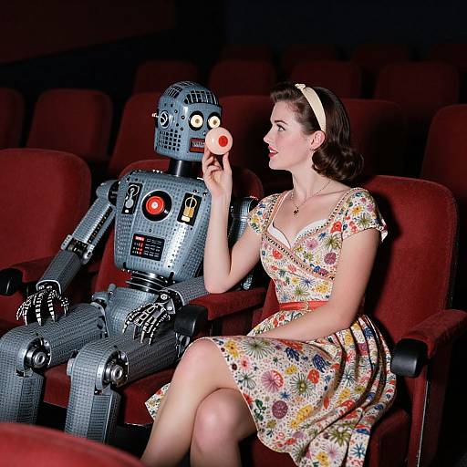 Photograph of a 1950s-style woman in a floral dress holding a lollipop, sitting beside a silver robot in a red cinema seat.