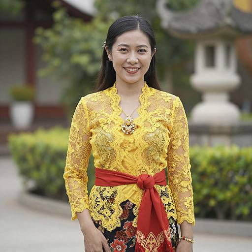 Asian Woman in Yellow Lace Outfit