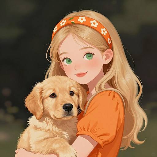 Charming Girl with Golden Retriever Puppy