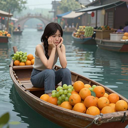 Photorealistic digital image of a pensive Asian woman with long black hair, wearing a white tank top and blue jeans, sitting in a wooden boat