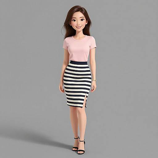 Digital CGI image of a smiling Asian woman with long dark hair, wearing a pink top and black-and-white striped pencil skirt, black heels, standing against