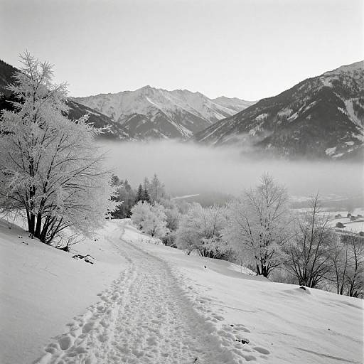 Photograph of a snow-covered mountain landscape with a winding path of footprints, leafless trees coated in snow, and mist-covered valleys.