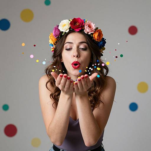 Photograph of a woman with a colorful flower crown, closed eyes, red lips, and red nails, blowing colorful confetti against a gray background with