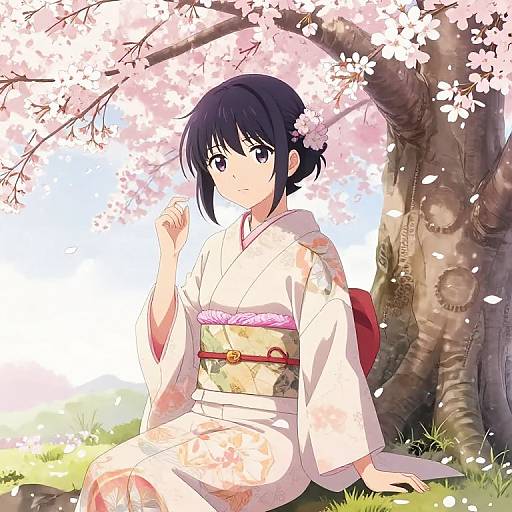 Anime-style drawing of a young woman with black hair, wearing a white kimono with pink floral patterns, sitting under a cherry blossom tree. She has