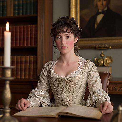 Photograph of a fair-skinned woman in an 18th-century lace gown, reading a book in a dimly lit library with bookshelves